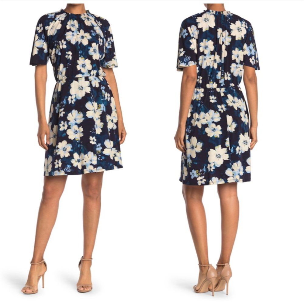 MAGGY LONDON Floral Printed Belted A-Line Dress